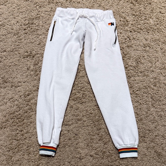 Aviator Nation Pants - Aviator Nation White Track Joggers with Rainbow Cuff Trim